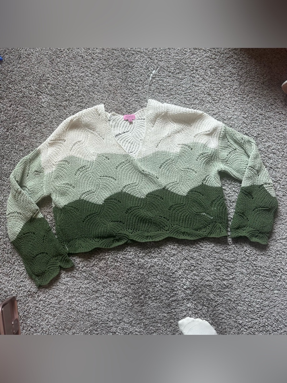 Francesca's Collections V-Neck Knit Sweater in Cream and Green Ombre